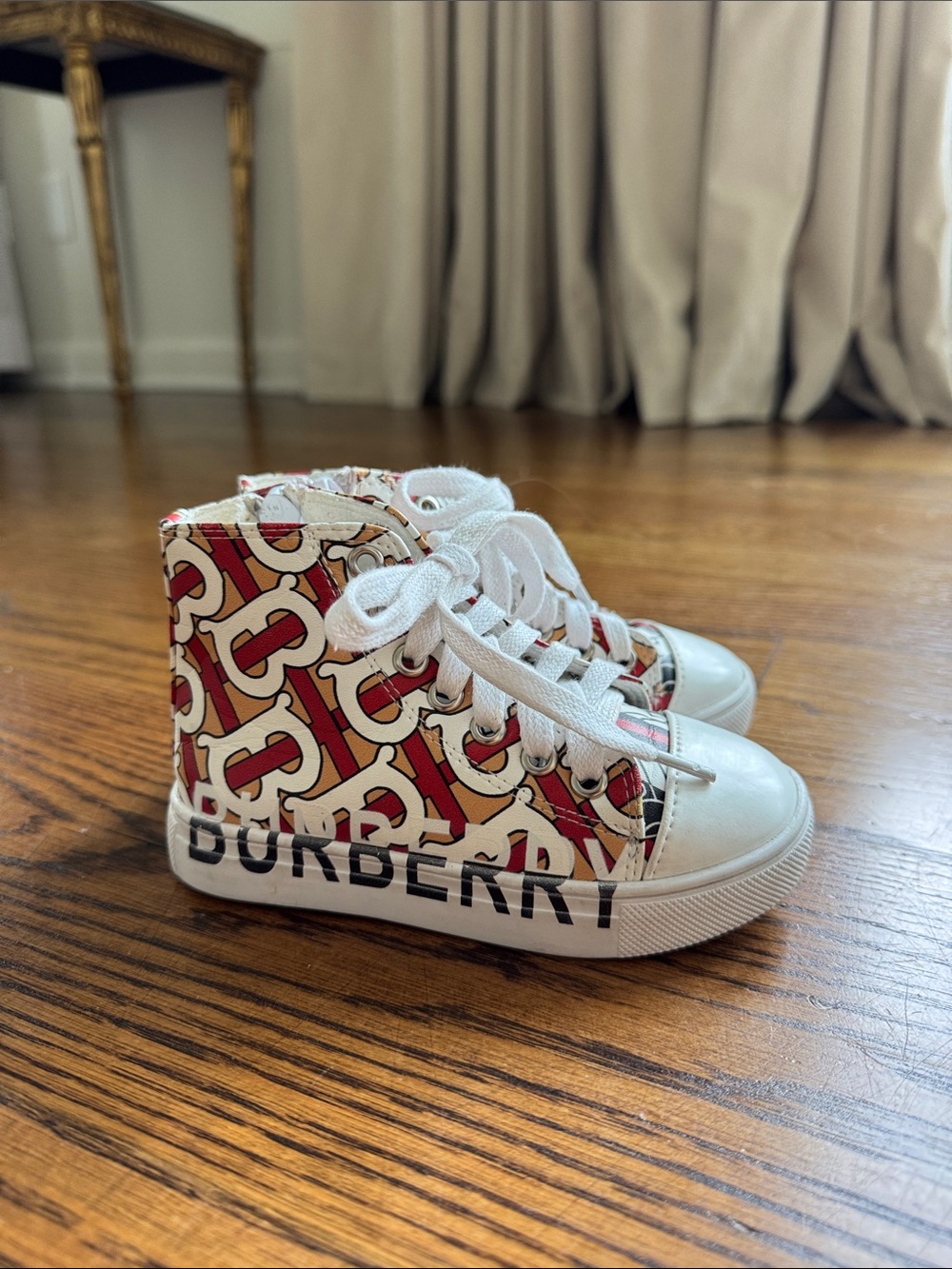 Burberry Kids High-Top Monogram Sneakers - Red, Cream & White sz 24 8